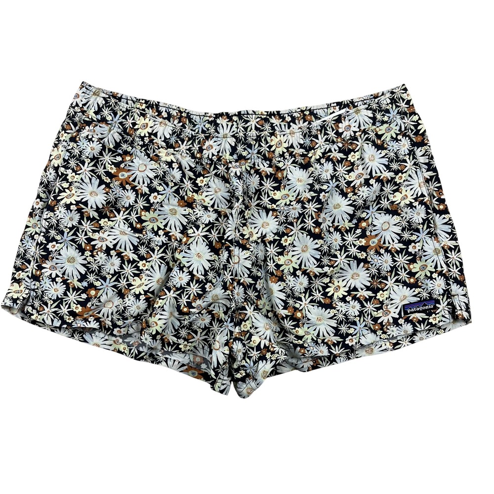 Patagonia Baggies Shorts Womens XL Black Floral Daisy Print Recycled Nylon 2.5"
